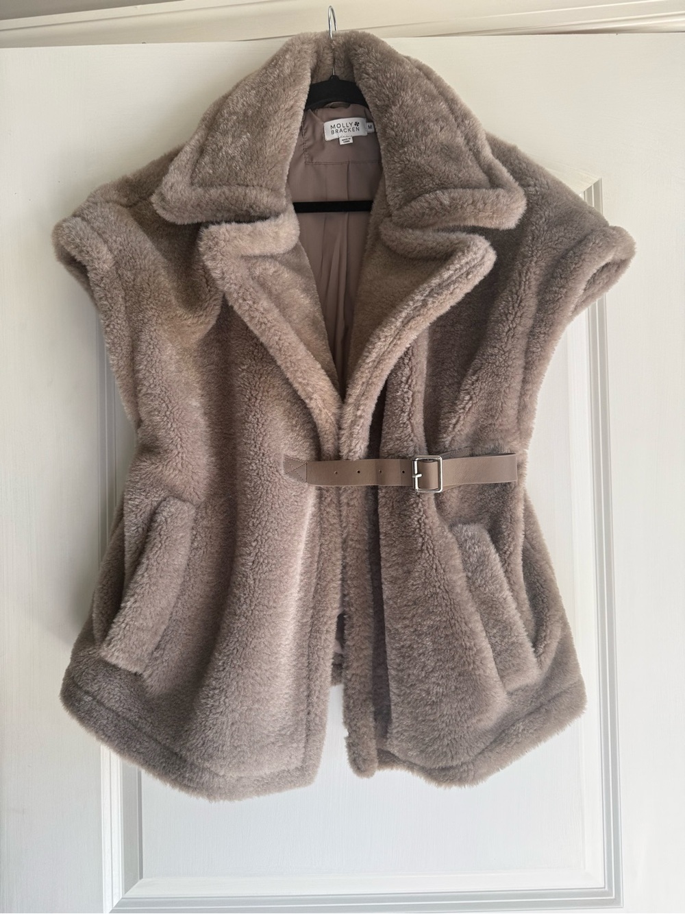 Molly Bracken Taupe Faux-Shearling Belted Teddy Vest